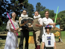 The Players co-exist in two worlds: Princess Gwen (Marlene Yarosh), Guy Hank (Paul Collins) and Thumper (Joan Howard) are ready for their roles as Princess Gweia, Lank Guywalker and Thump2D2 in "Space Wars," while Mr Peaches (Casey Robbins) and Meekins (Sam Bertken) rehearse their monologues for "Romeo and Juliet." Photo by Rebecca Longworth.